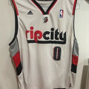 RIP CITY Damien Lillard Adidas White Jersey with Red and Black Accents
